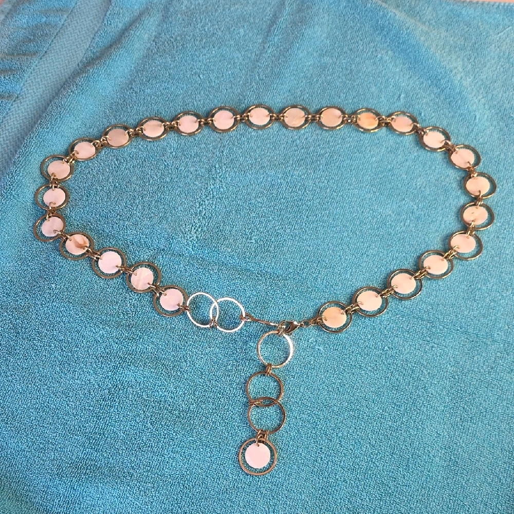 Vintage Belt Gold Tone Chain  Y2K Belt w/ Faux Mother‑of‑Pearl Discs Adjustable